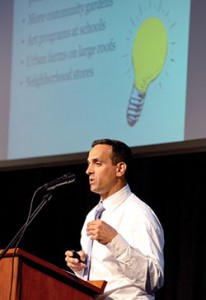 Mayor Curtatone shared some ideas with those in attendance at the Ward 1 ResiStat meeting held Monday night at the East Somerville Community School.
